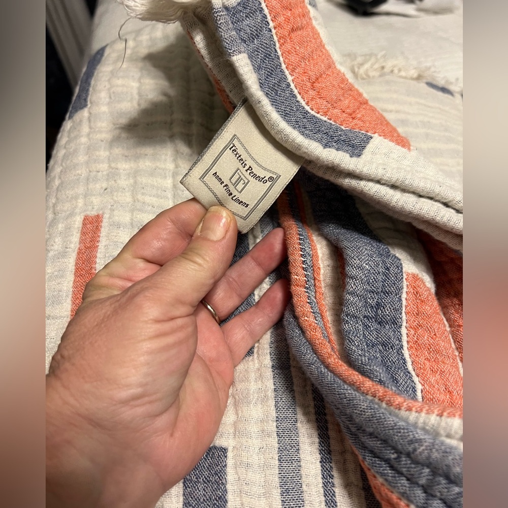 100% Cotton Gauze Blanket Throw 48x70 Cream, Denim & Mandarin Made in Portugal - Picture 5 of 8